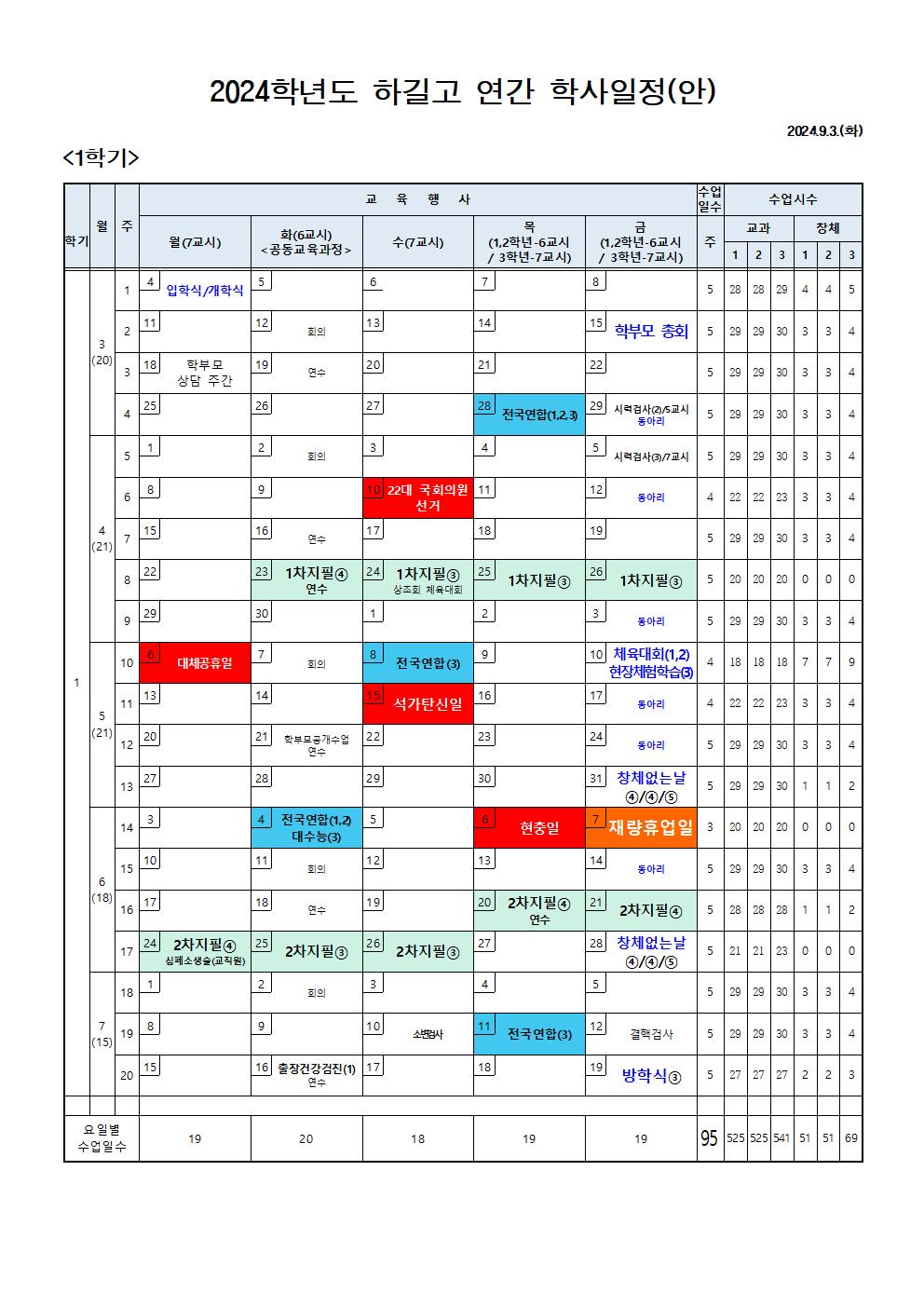 2024학년도 하길고 연간학사일정(학사달력)9.3001