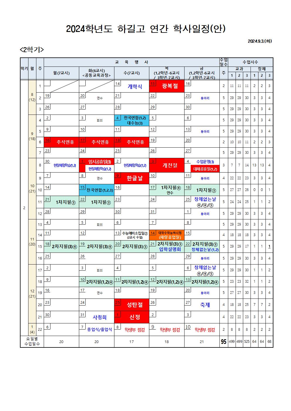 2024학년도 하길고 연간학사일정(학사달력)9.3002